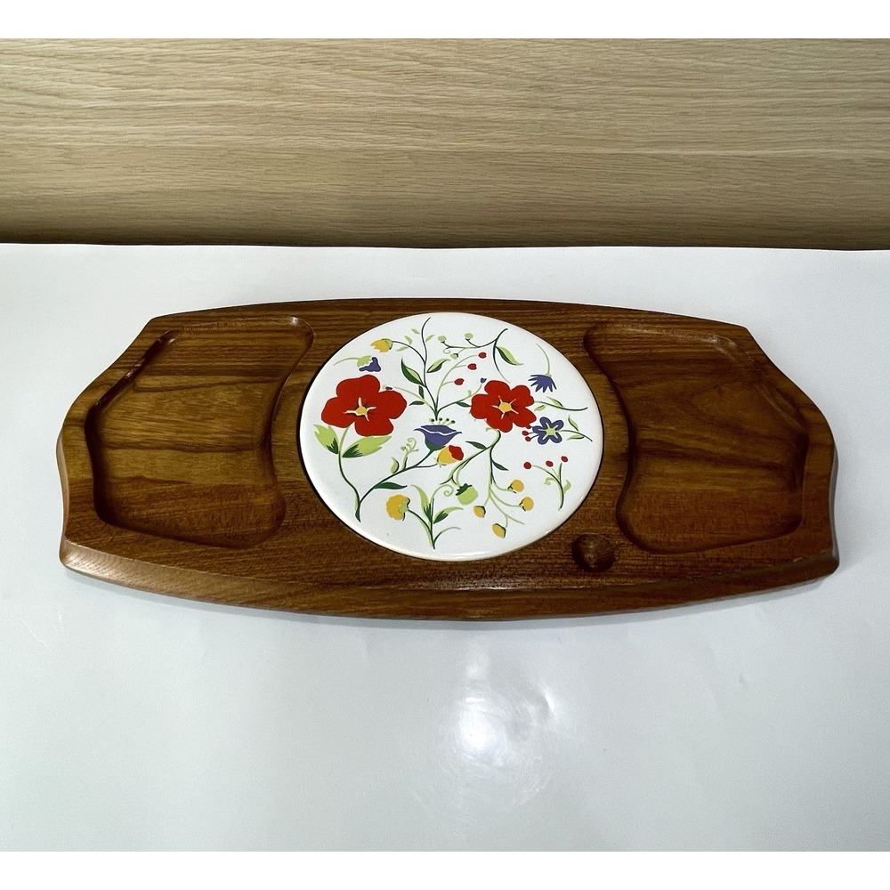 Vintage 1970s Gail Craft Wood Cheese Board Floral Tile Serving Tray Mid Century